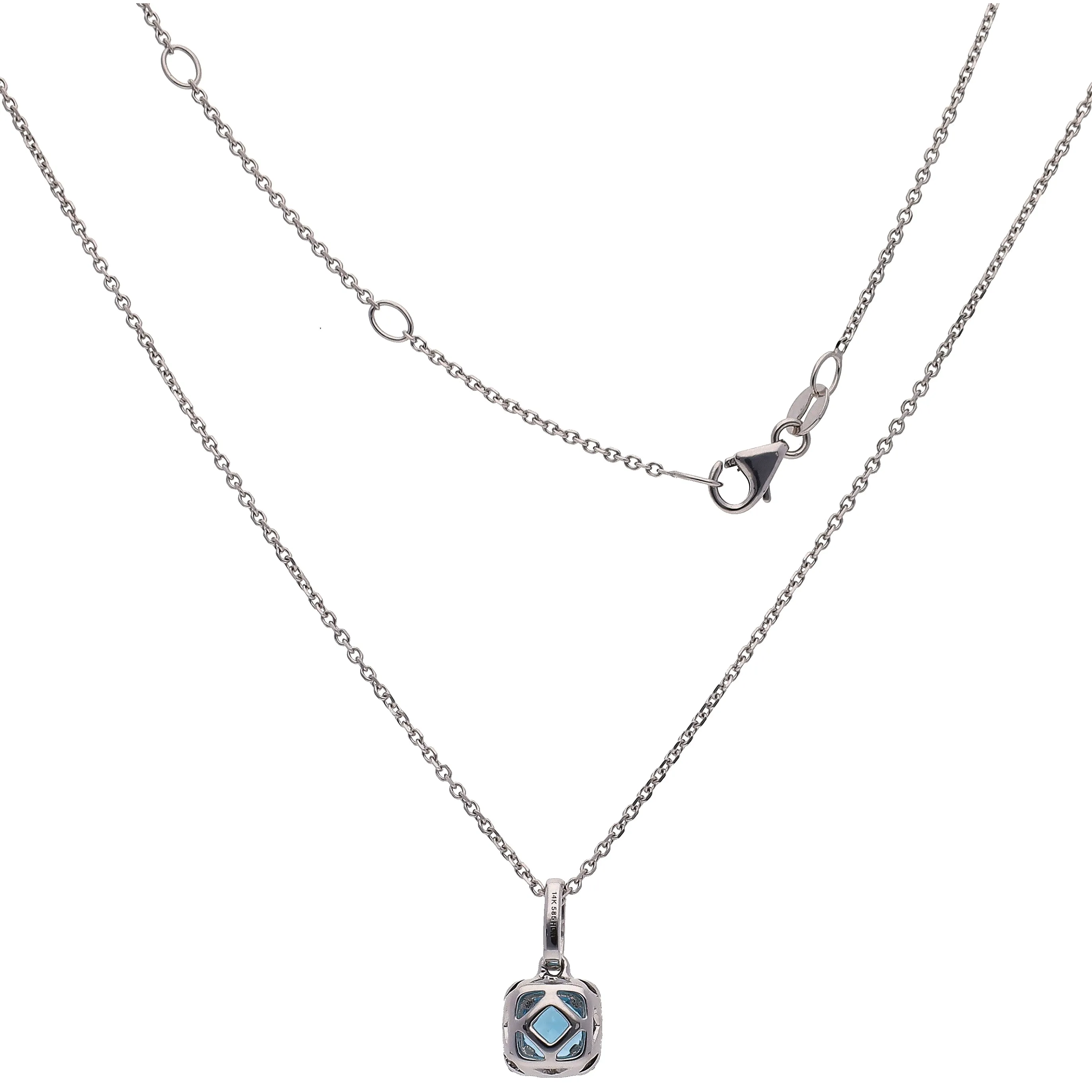 14K White Gold Round Blue Topaz and Diamond Pendant Necklace