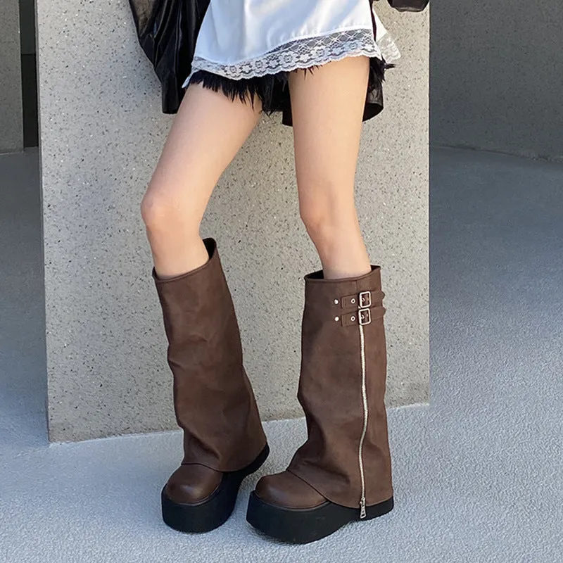 2024 Long Boots Women Thick Sole Over-the-Knee Short Slouchy Pants Platform Zipper Shoes