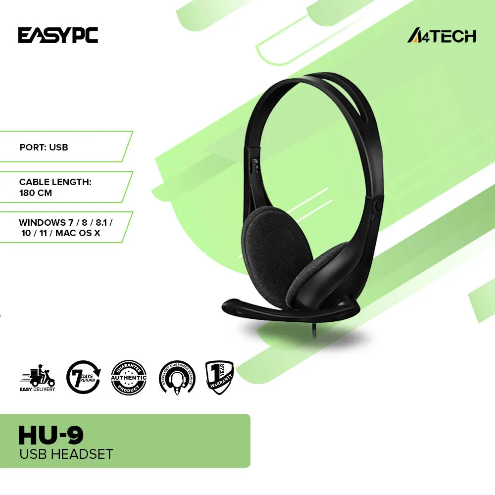 A4Tech HU-9 USB Adjustable Headband Rotatable Mic. Boom Light-Weight Design Headset