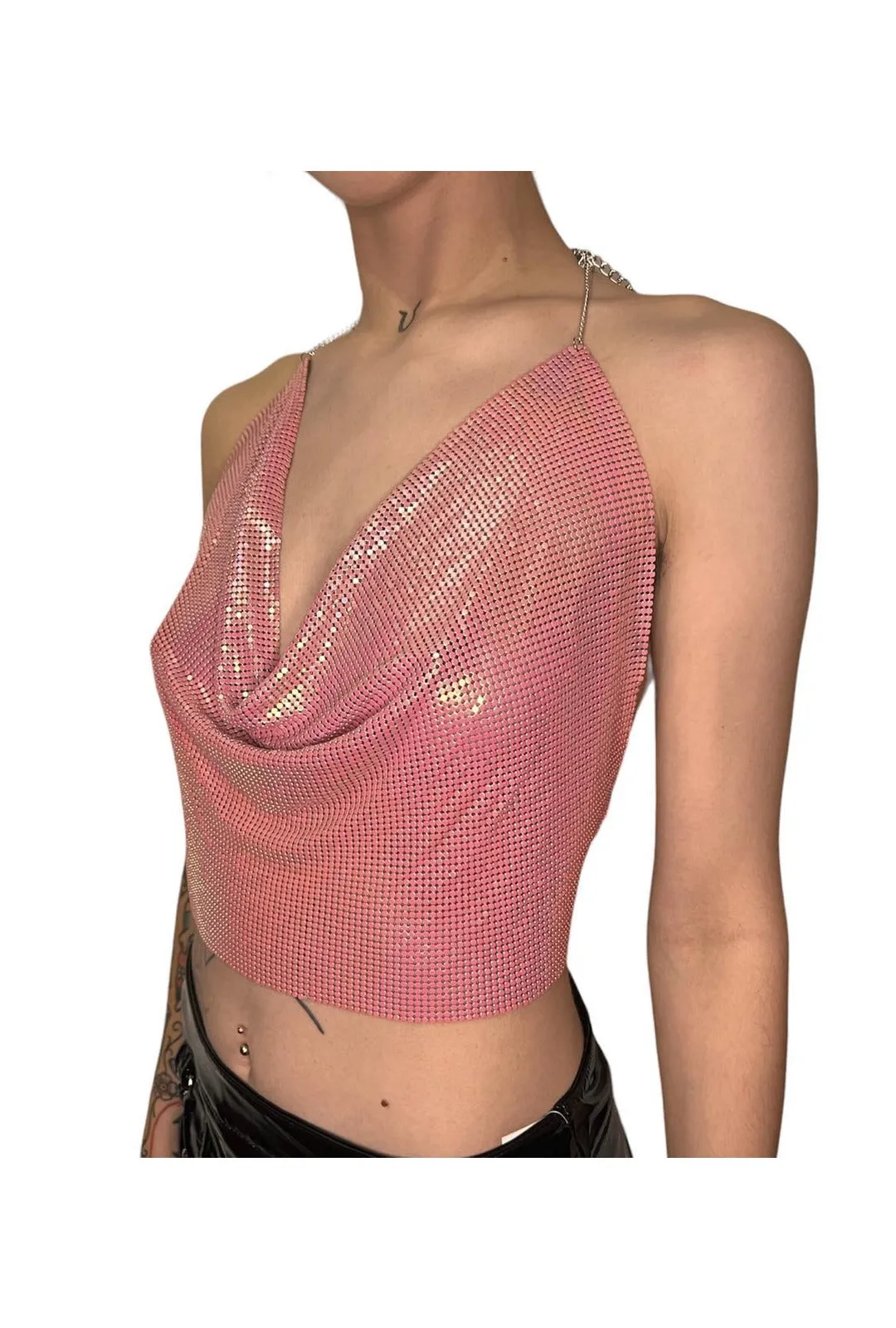 Baby Pink Metal Mesh Crop Top