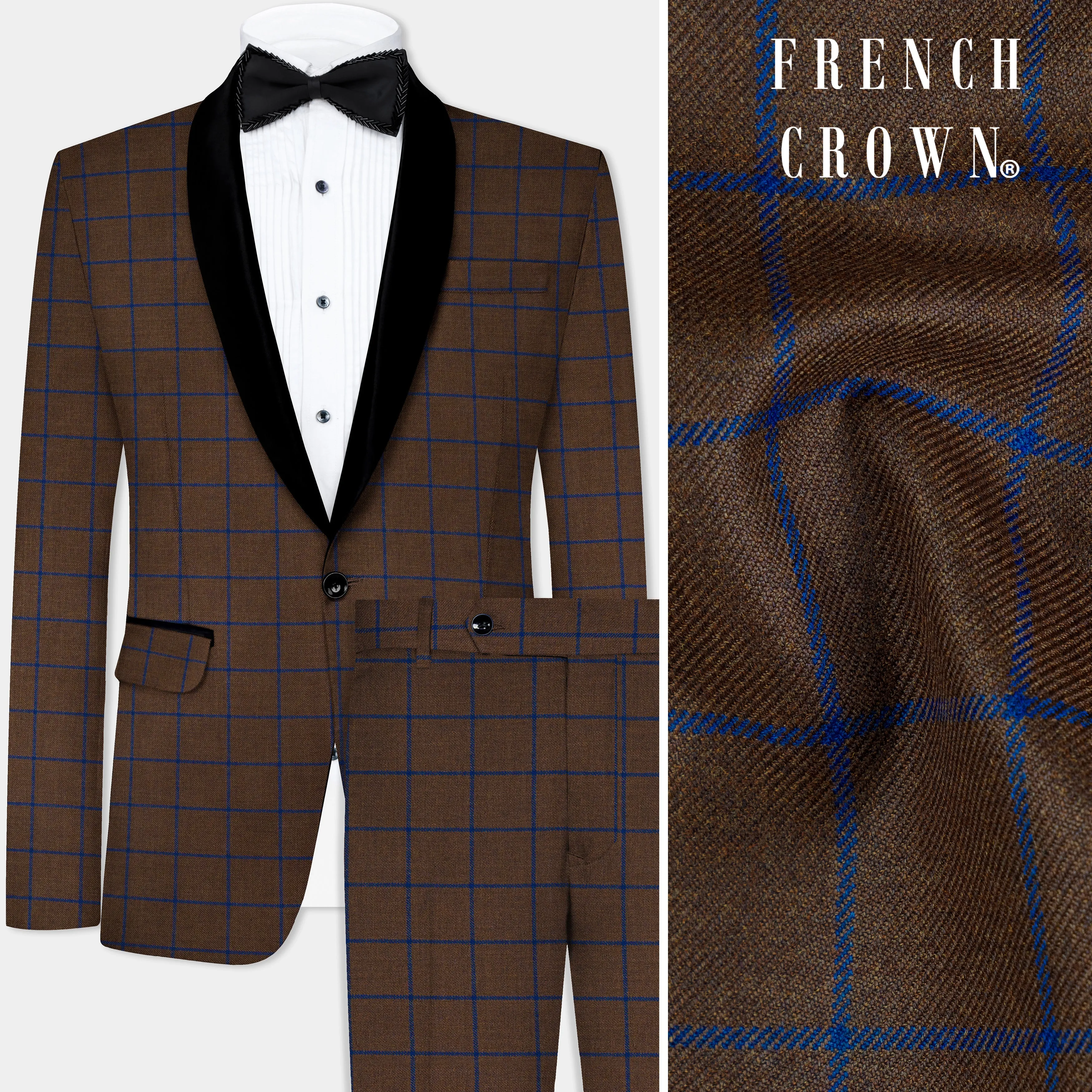 Bistre Brown with Catalina Blue Windowpane Tuxedo Tweed Suit