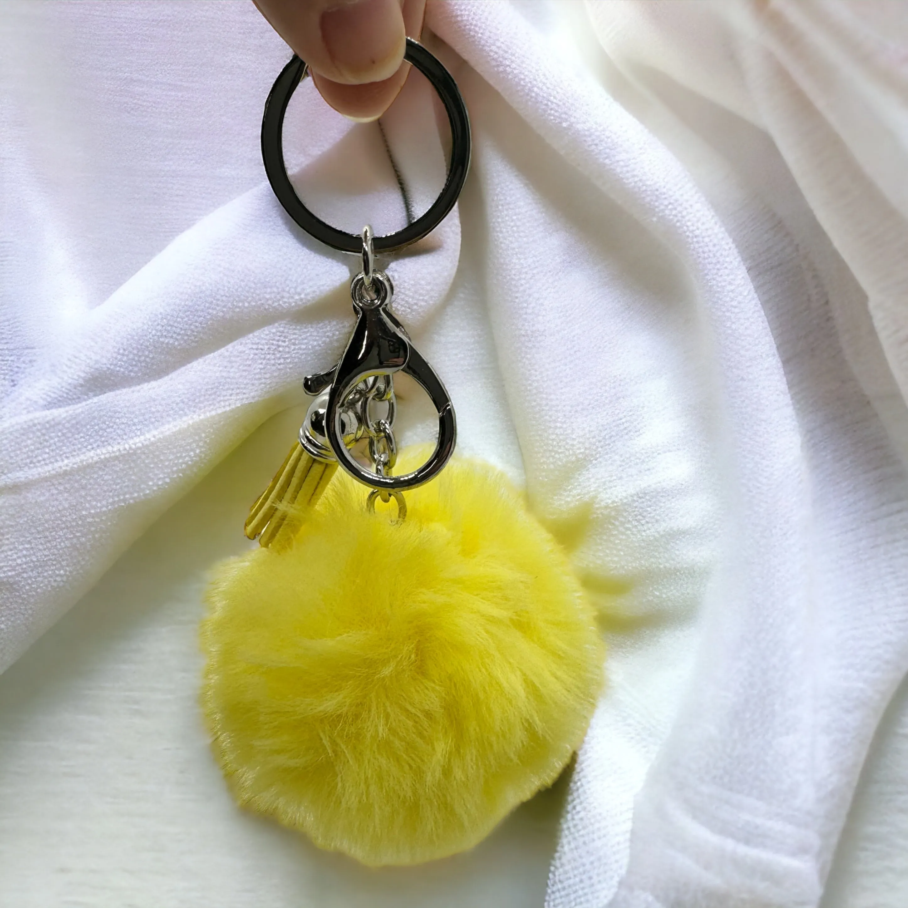 Bright Yellow Pompom Key Chain - 4” Fluffy Keyring Accessory