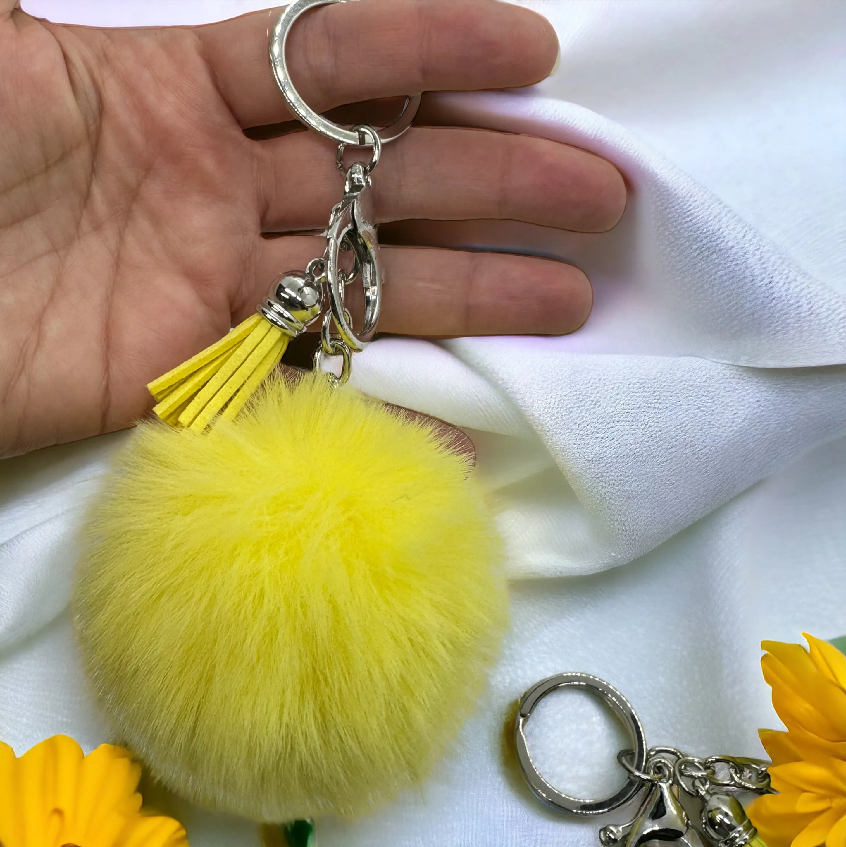 Bright Yellow Pompom Key Chain - 4” Fluffy Keyring Accessory