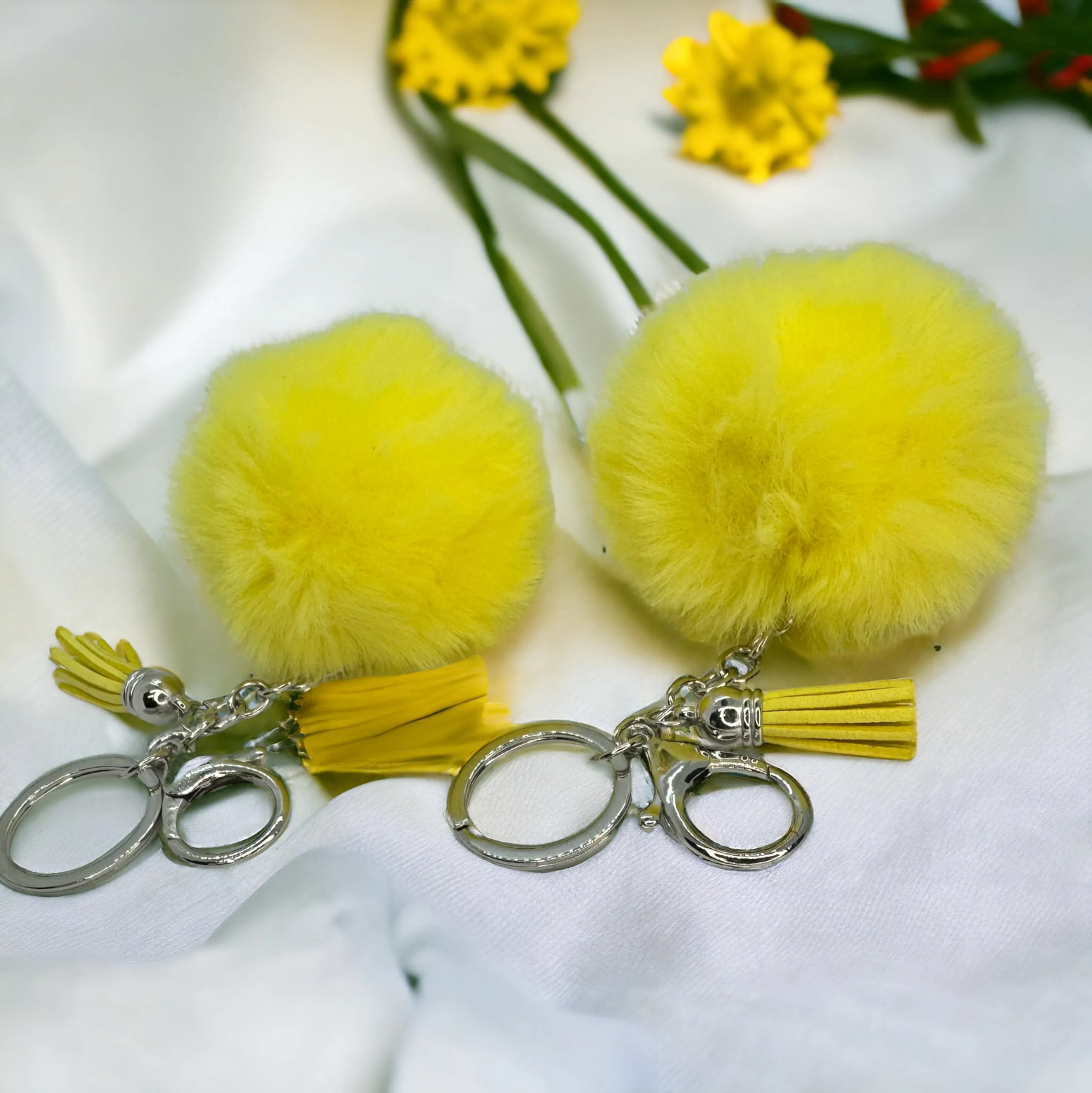 Bright Yellow Pompom Key Chain - 4” Fluffy Keyring Accessory