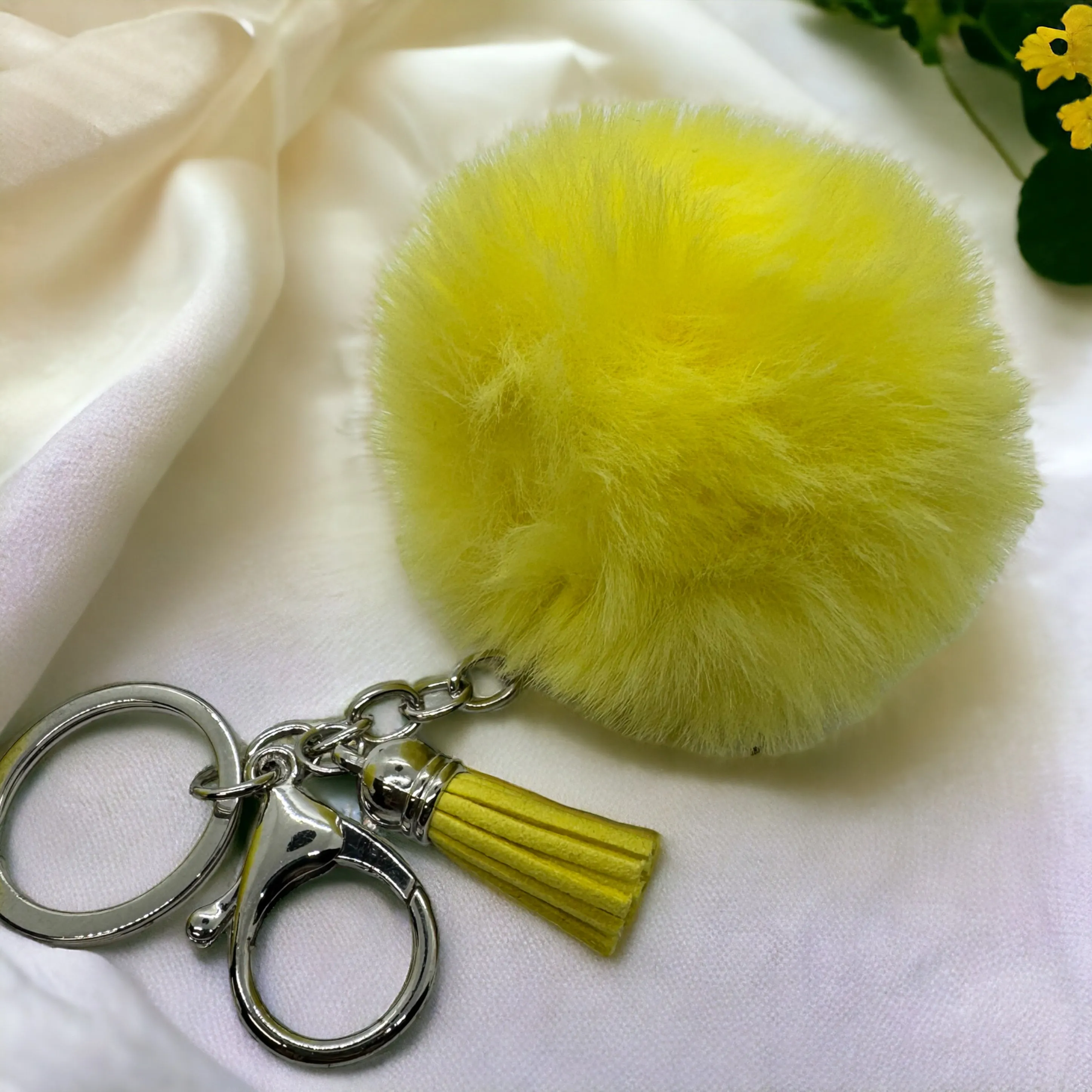 Bright Yellow Pompom Key Chain - 4” Fluffy Keyring Accessory