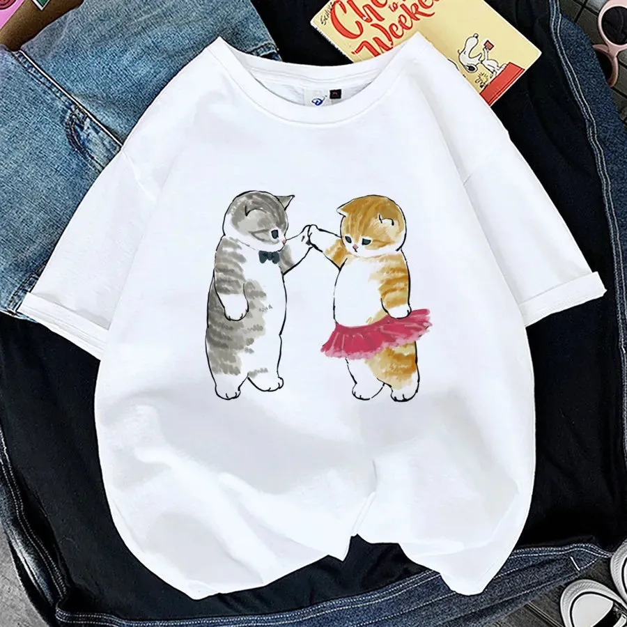 Charming Cat Print T-Shirts