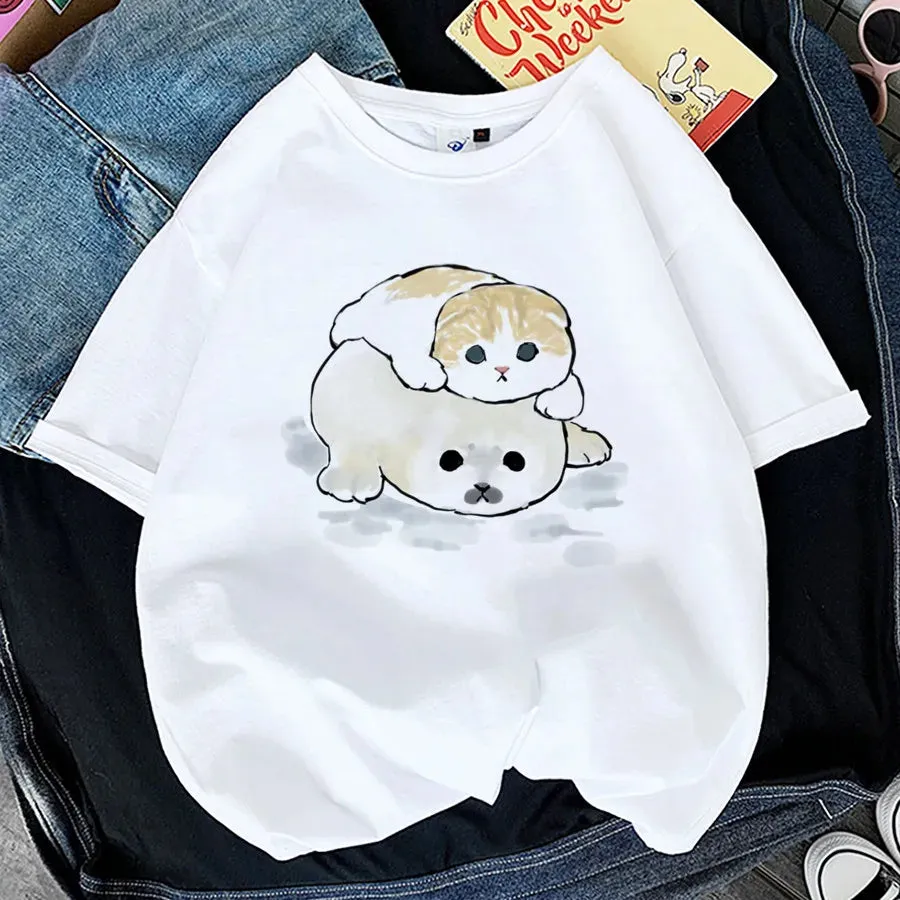 Charming Cat Print T-Shirts