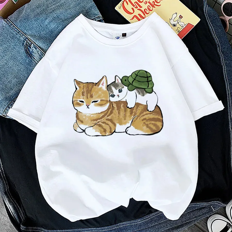 Charming Cat Print T-Shirts