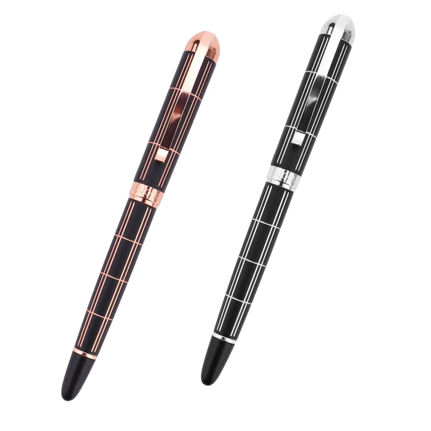 Croton Ballpoint Pen with laser cut grooves in matte black and rose accents