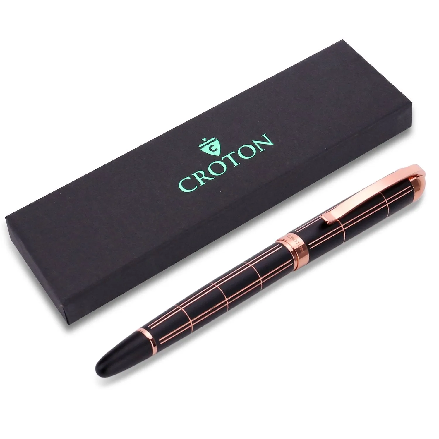 Croton Ballpoint Pen with laser cut grooves in matte black and rose accents