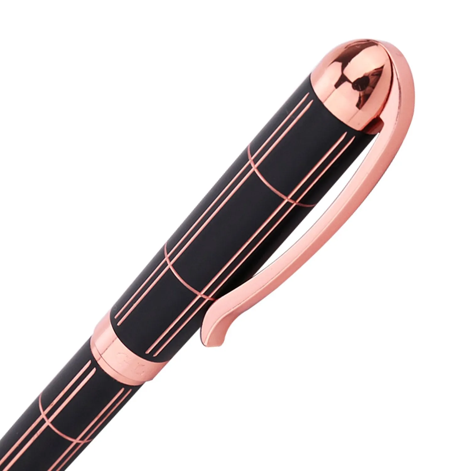 Croton Ballpoint Pen with laser cut grooves in matte black and rose accents