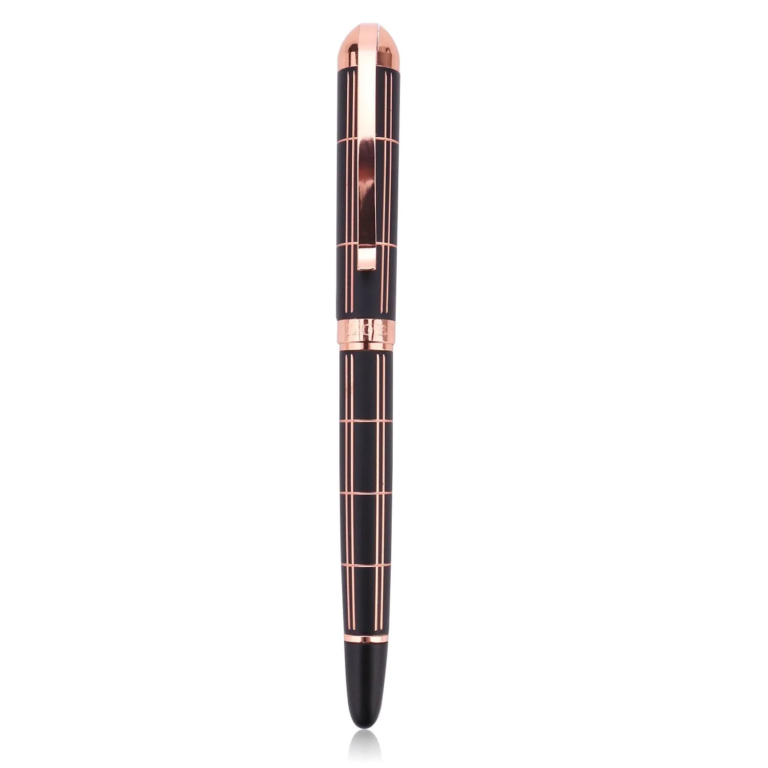 Croton Ballpoint Pen with laser cut grooves in matte black and rose accents