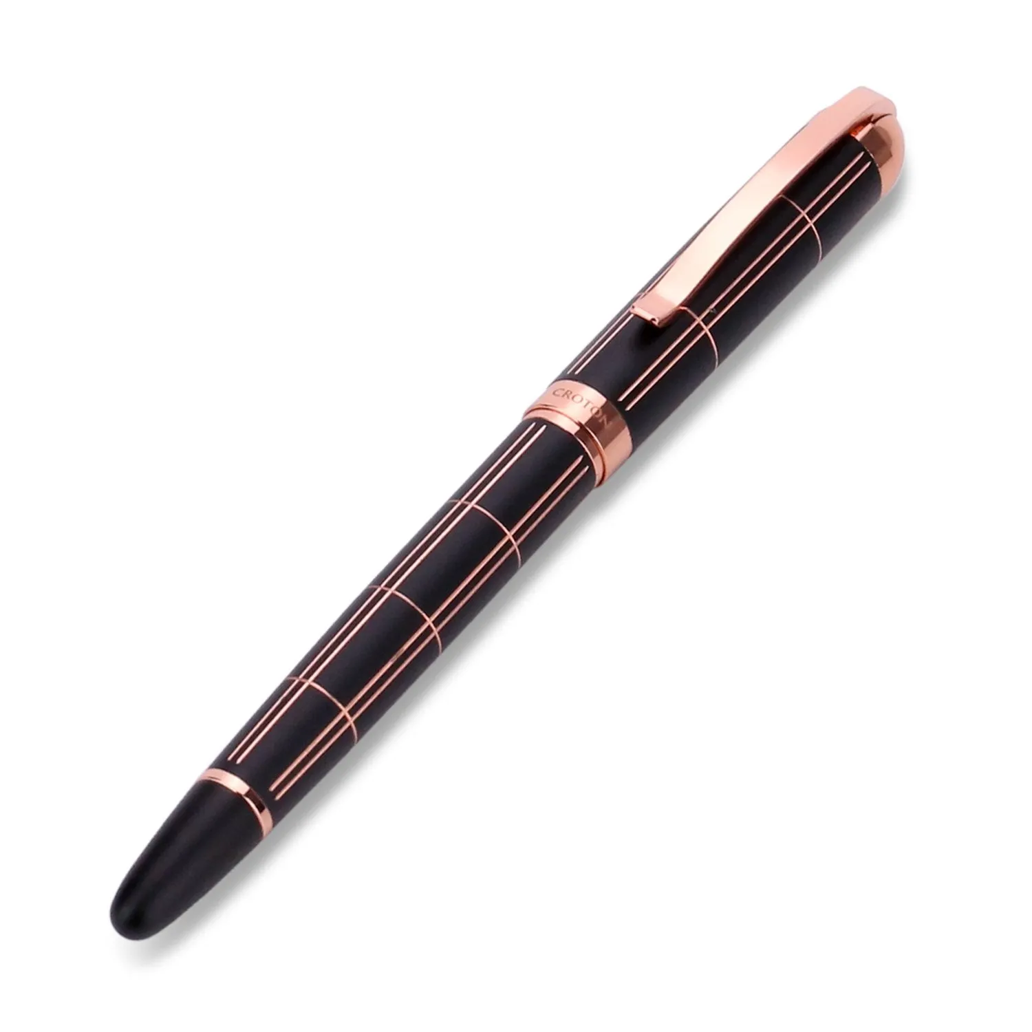 Croton Ballpoint Pen with laser cut grooves in matte black and rose accents