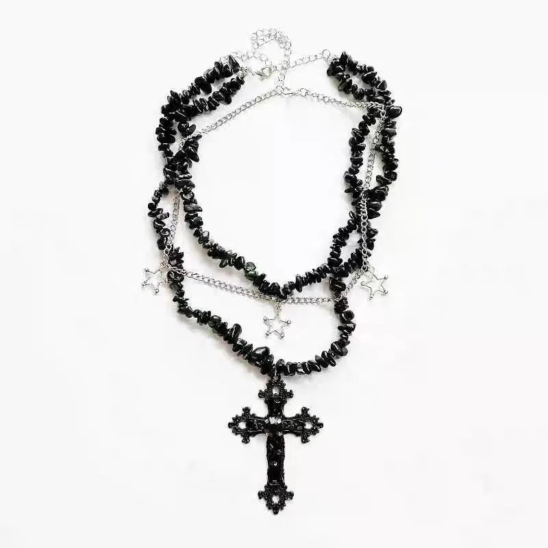 Diamond Cross Star Double Layer Hip-hop Dark Necklace