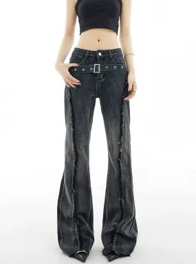 Distressed Stitch Flare Denim Jeans with Metallic Detail Belt