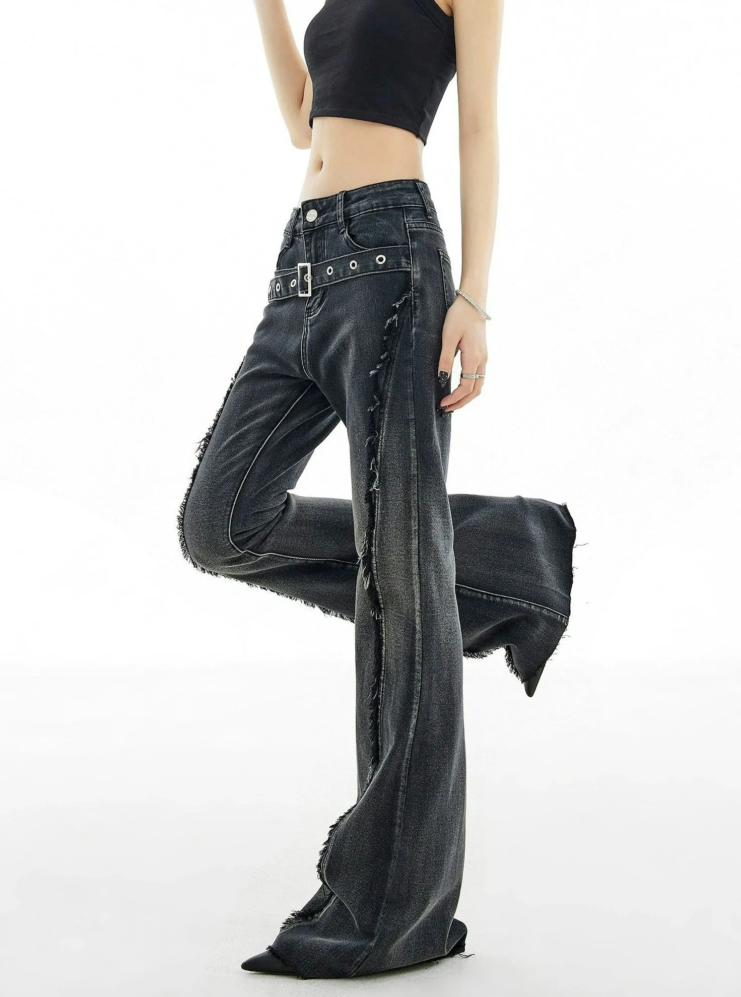 Distressed Stitch Flare Denim Jeans with Metallic Detail Belt