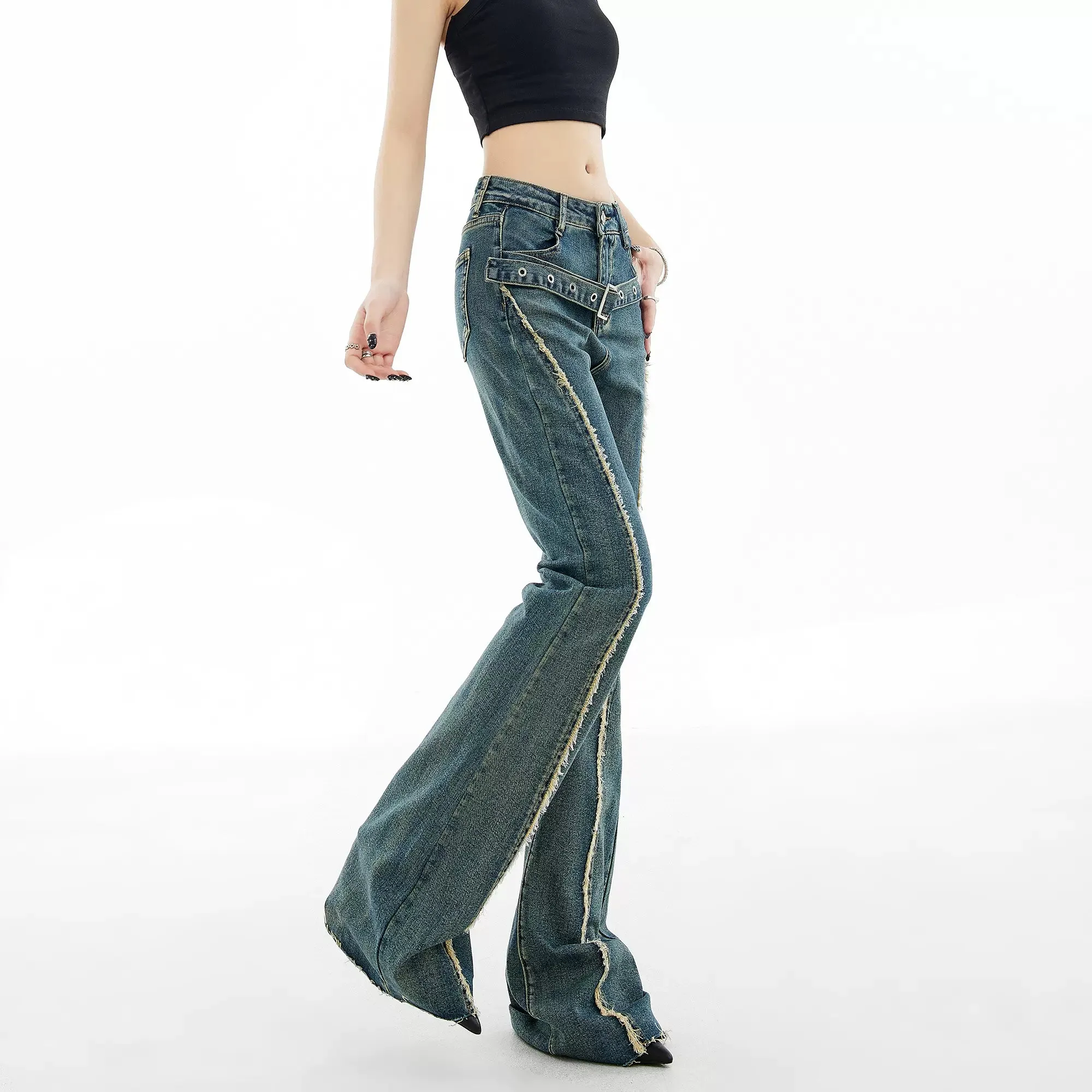 Distressed Stitch Flare Denim Jeans with Metallic Detail Belt