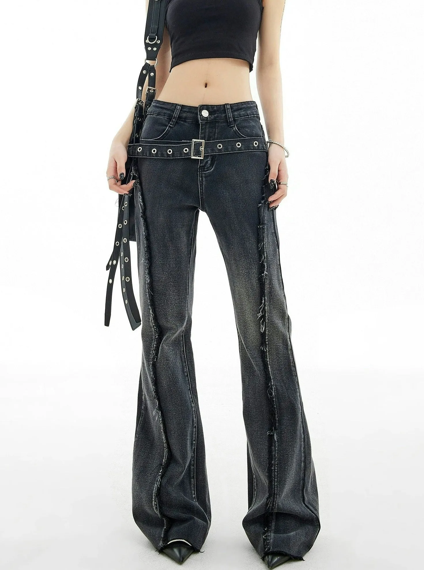 Distressed Stitch Flare Denim Jeans with Metallic Detail Belt