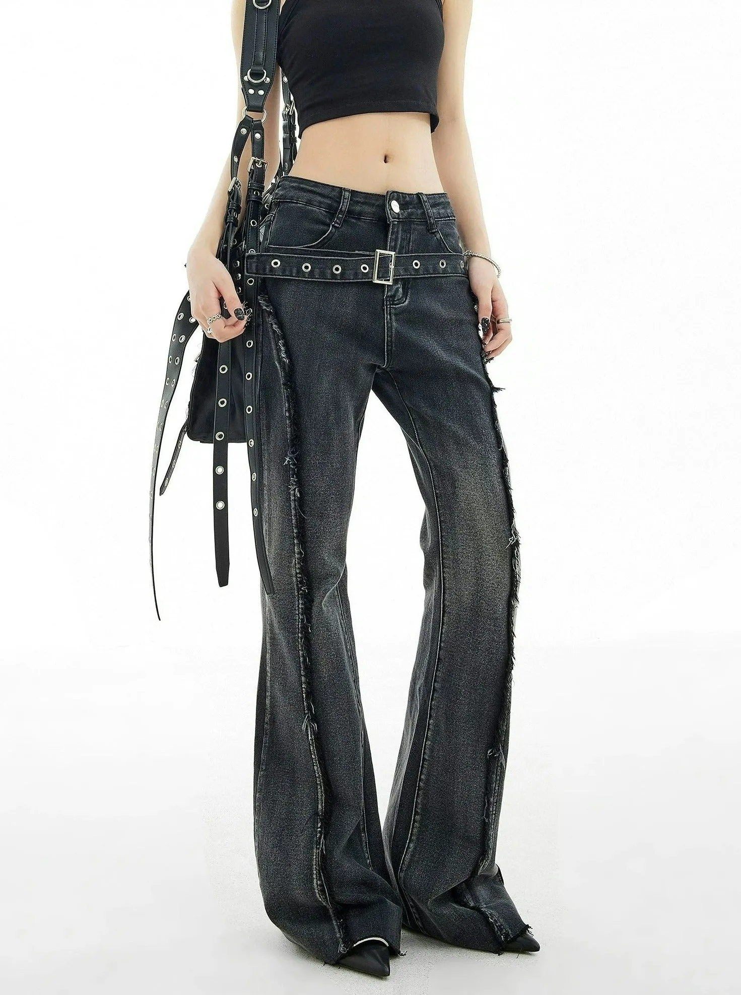 Distressed Stitch Flare Denim Jeans with Metallic Detail Belt