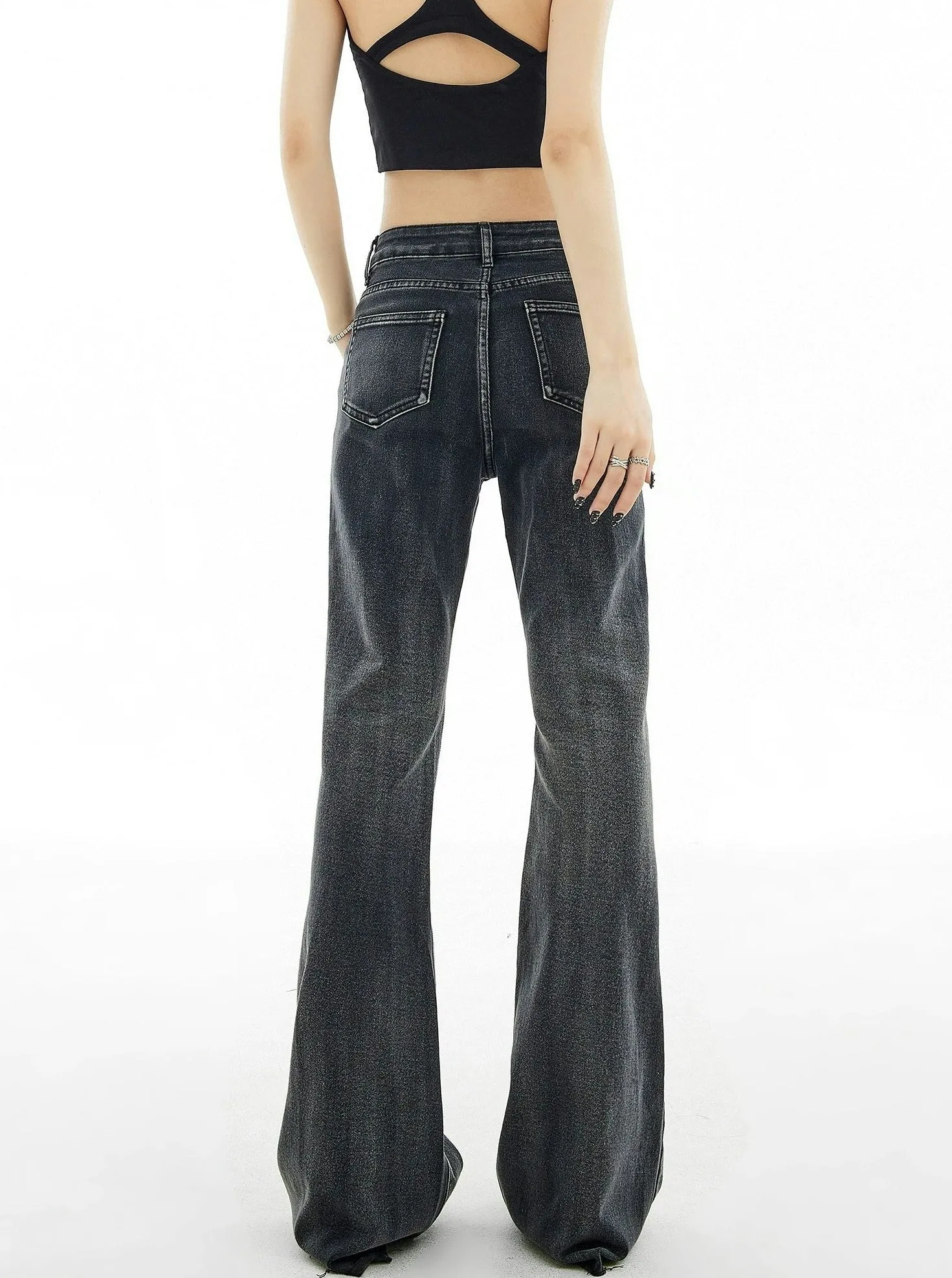 Distressed Stitch Flare Denim Jeans with Metallic Detail Belt