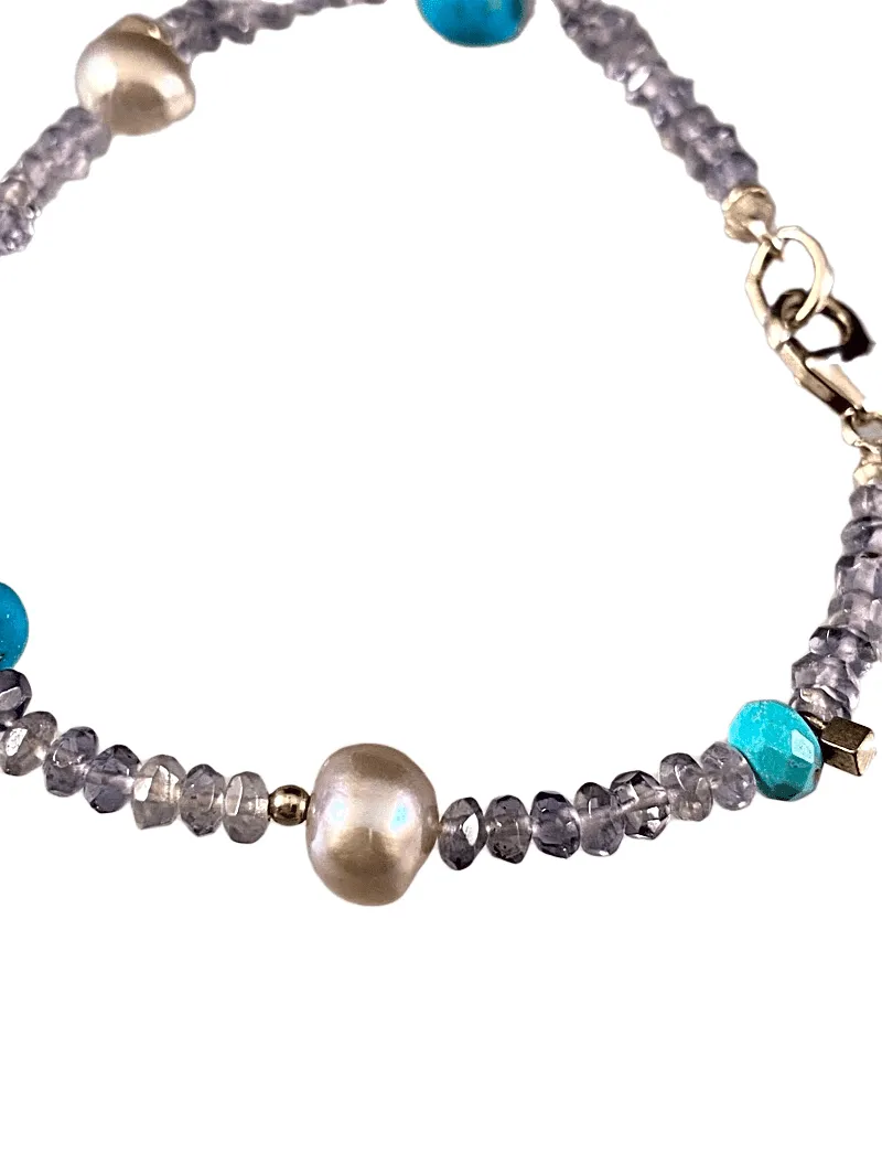 Faceted Iolite Turquoise and Pearl Gemstone Beaded Bracelet