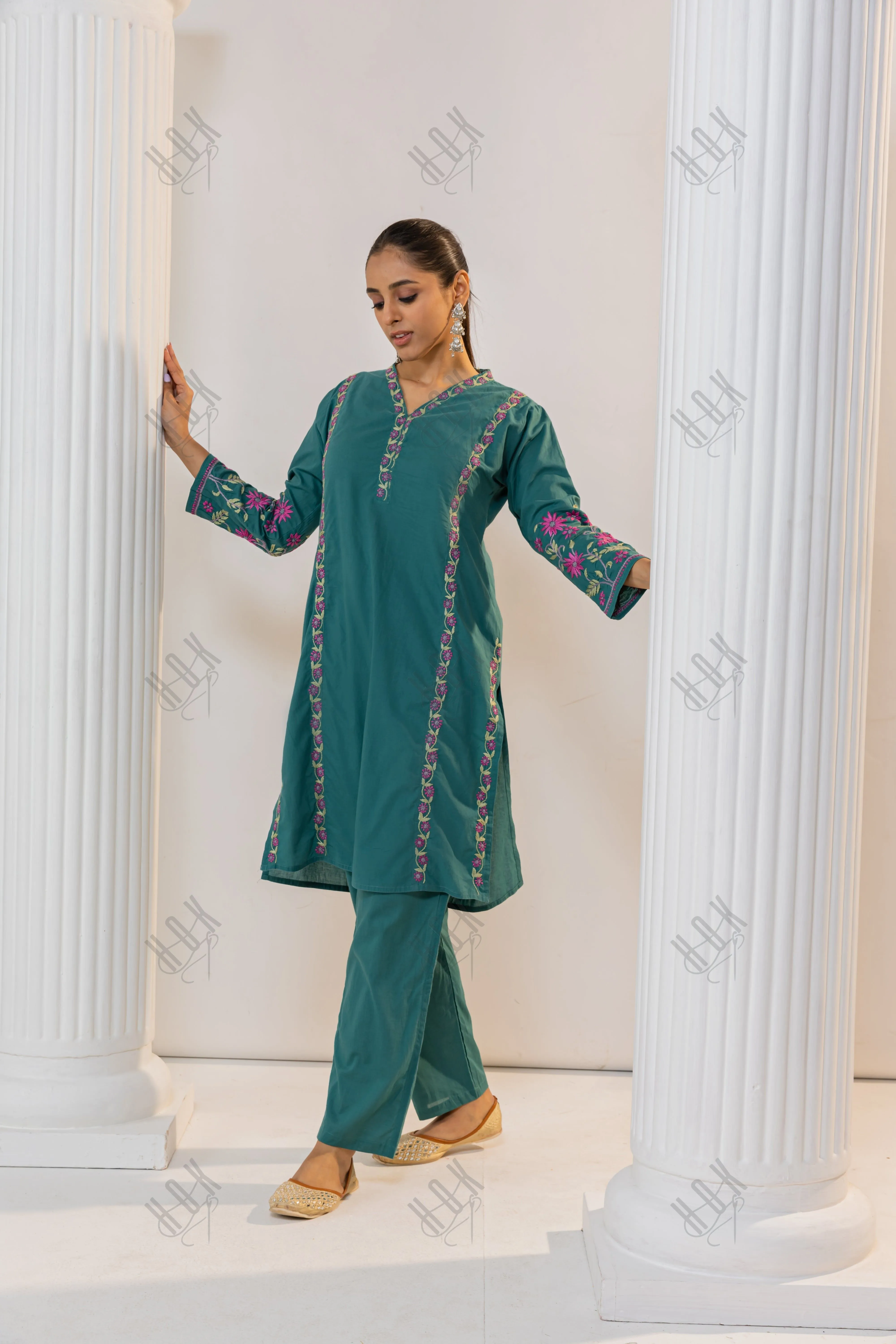 Fizaa's Chikankari Cord Set for Women - Pine Green