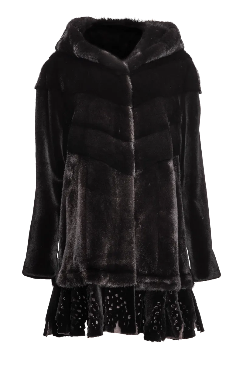 Hooded Directional Black Mid-Length Mink Fur Coat - Lace Bottom