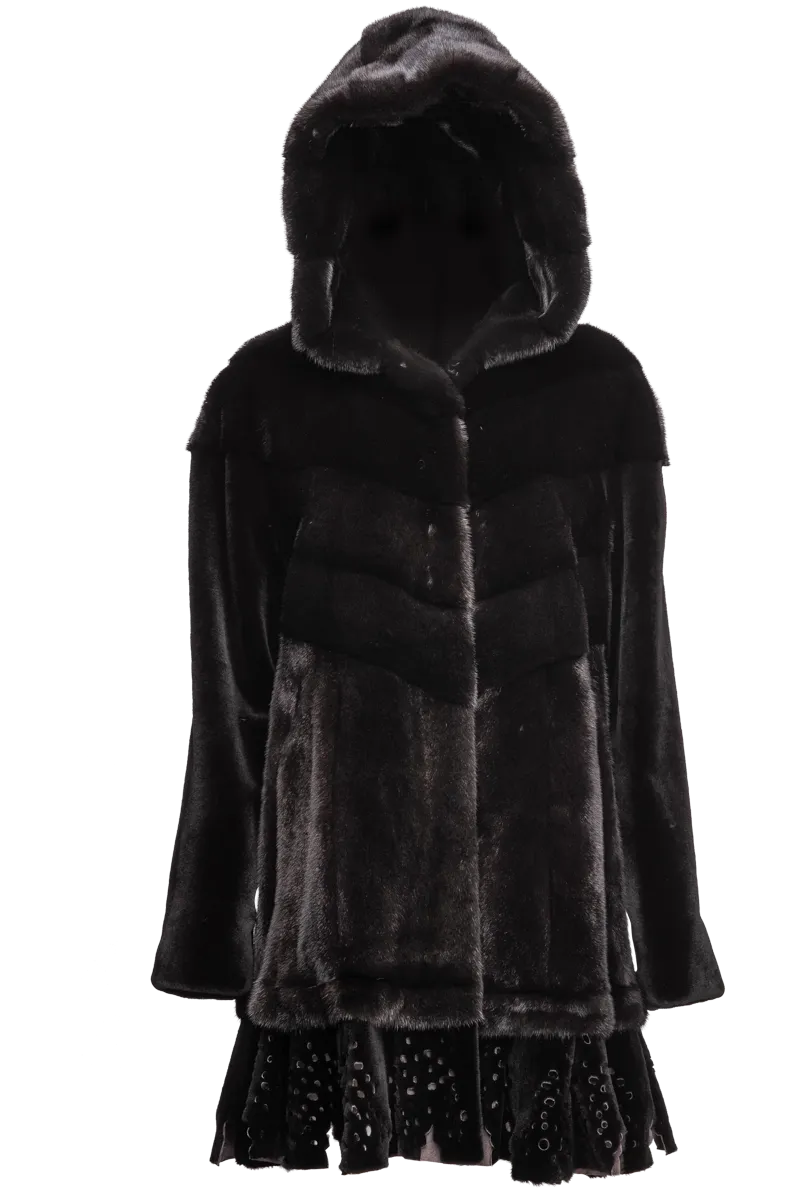 Hooded Directional Black Mid-Length Mink Fur Coat - Lace Bottom