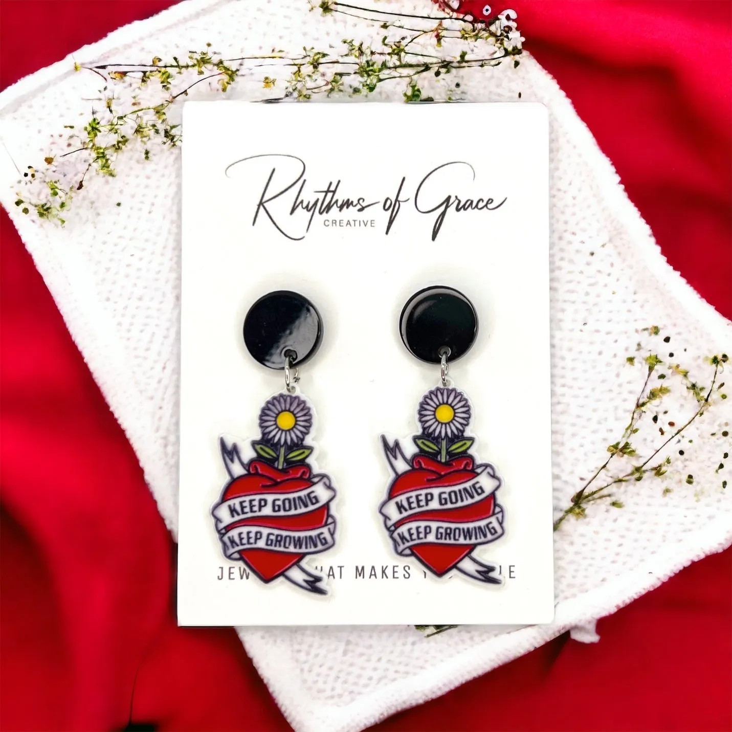 Inspirational Earrings - Keep Going Keep Growing, Tattoo Artist, Heart and Dagger, Encouragement Earrings