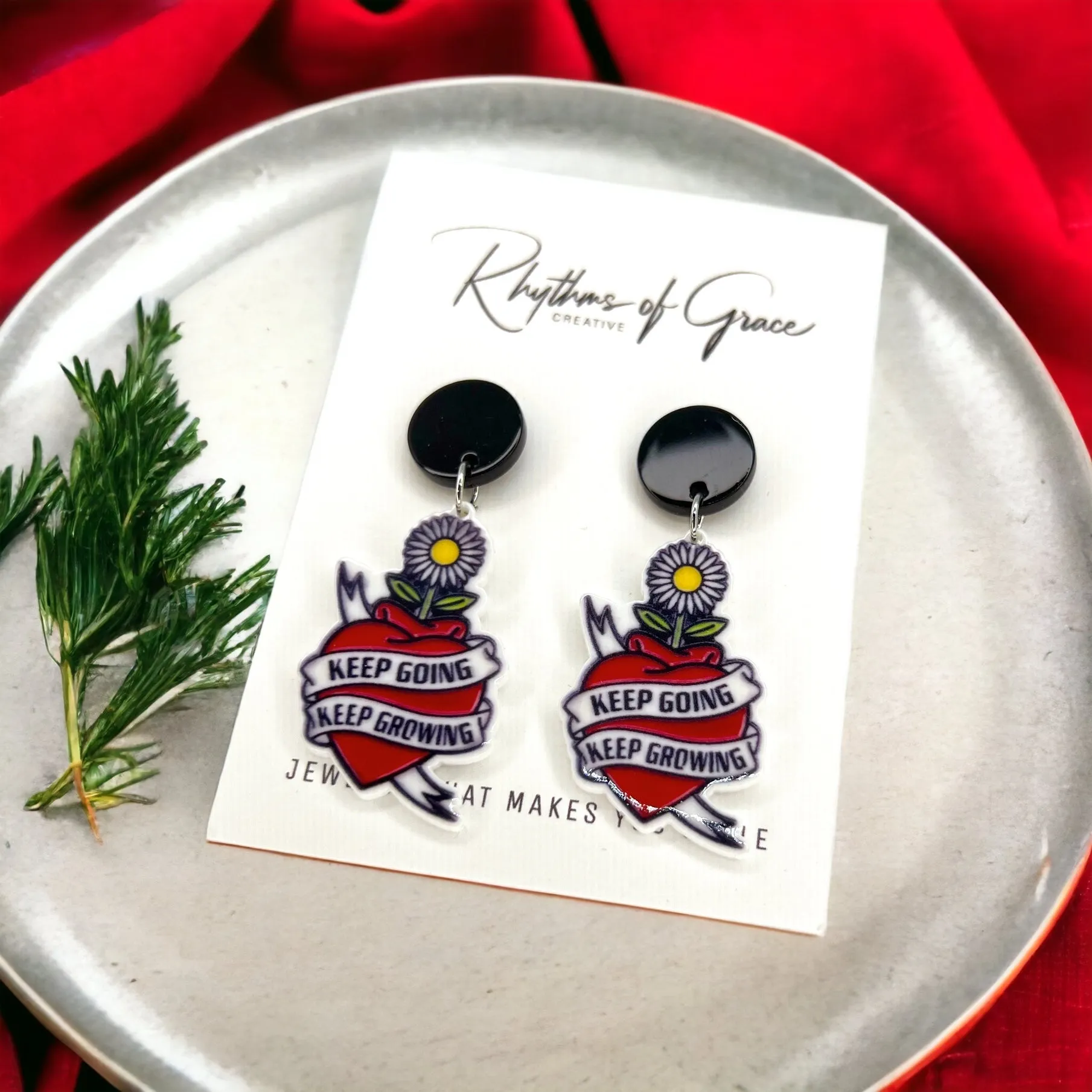 Inspirational Earrings - Keep Going Keep Growing, Tattoo Artist, Heart and Dagger, Encouragement Earrings