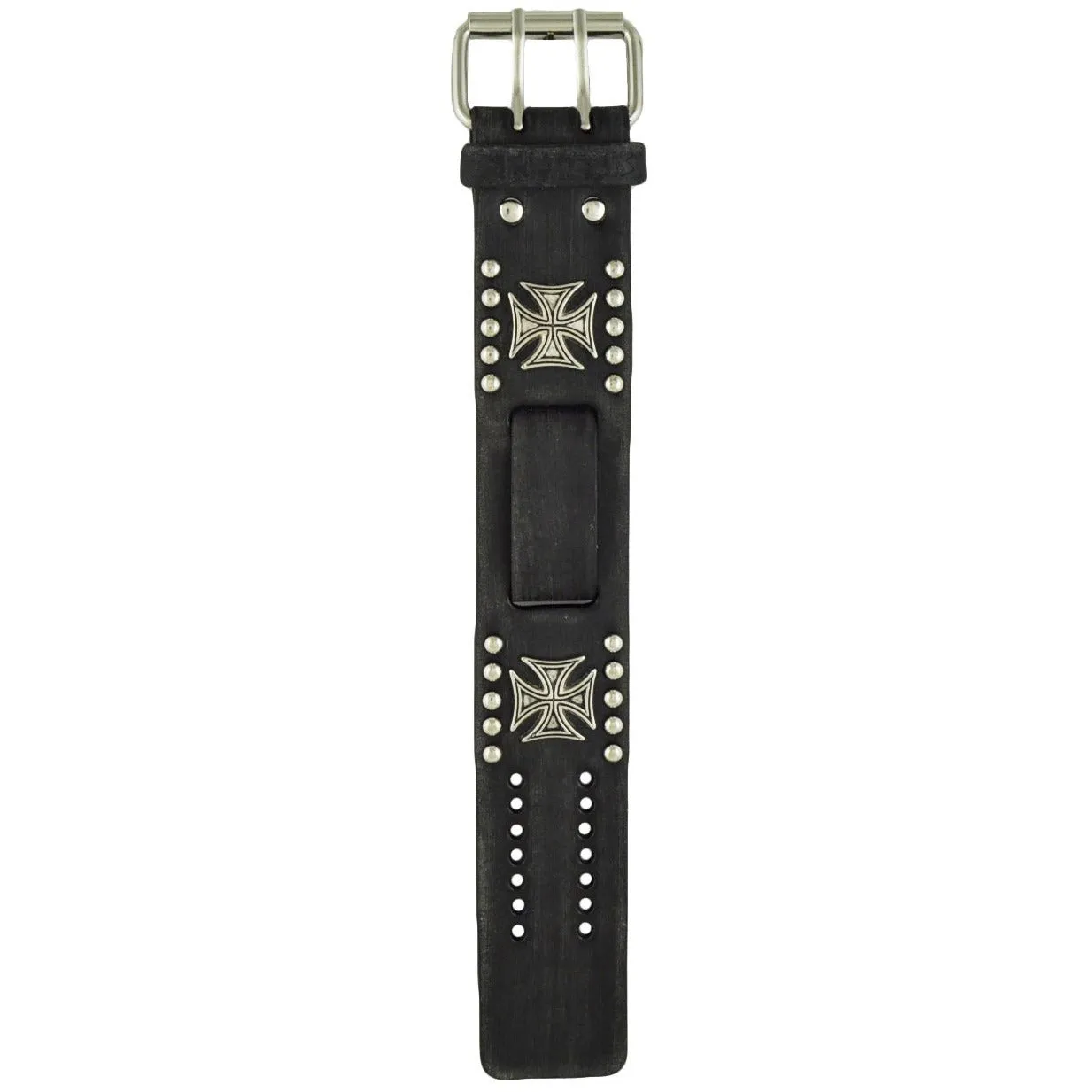 Iron Cross Studded Distressed Black Leather Cuff