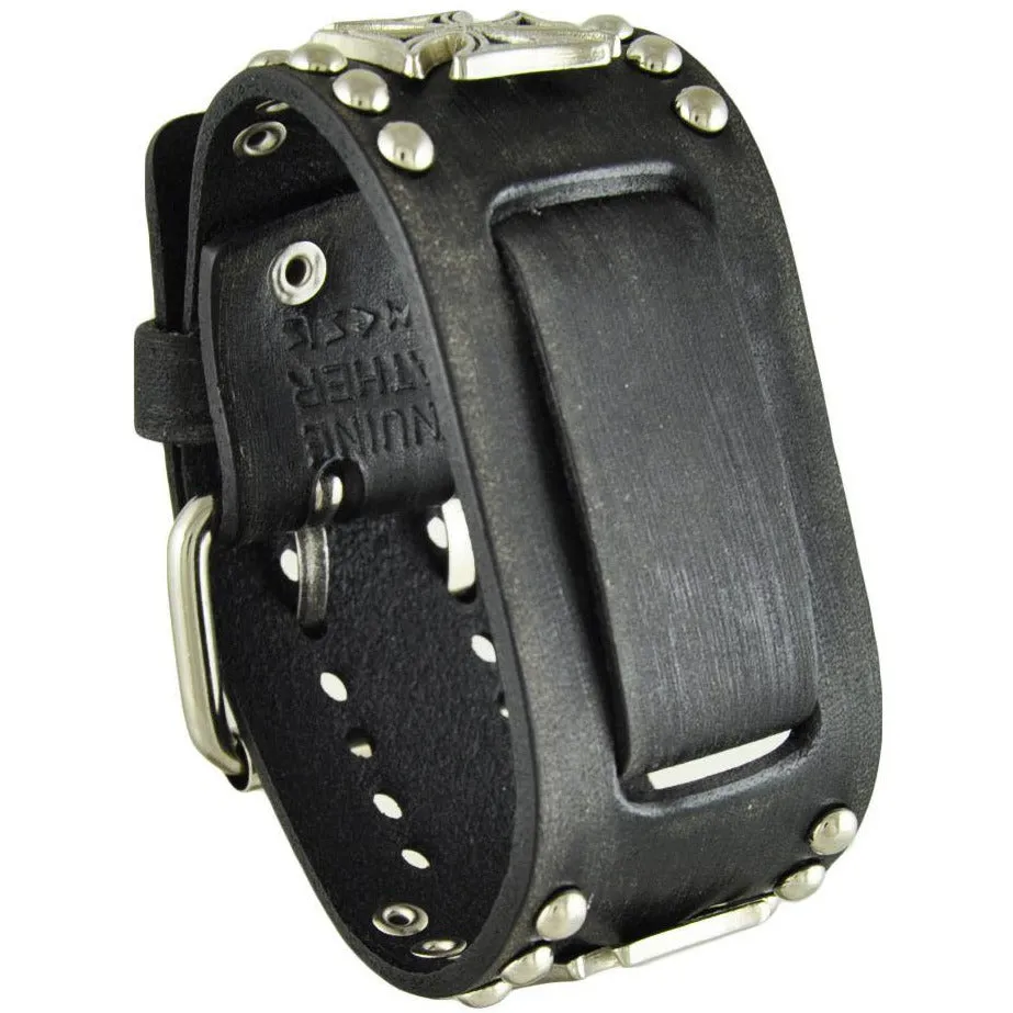 Iron Cross Studded Distressed Black Leather Cuff