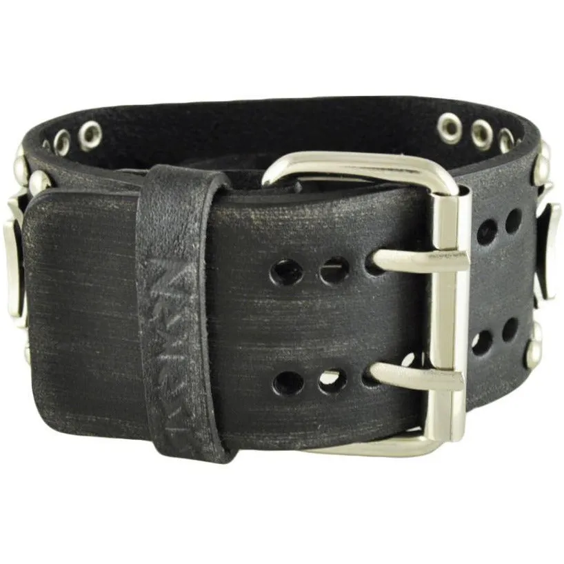 Iron Cross Studded Distressed Black Leather Cuff