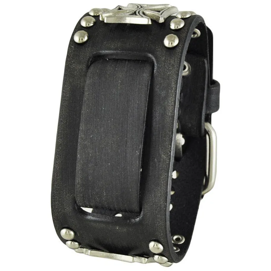 Iron Cross Studded Distressed Black Leather Cuff