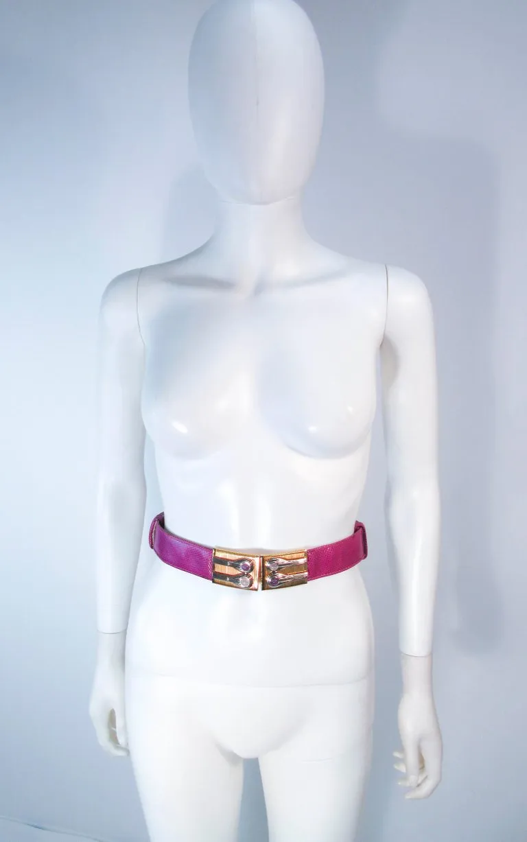 JUDITH LEIBER Magenta Lizard Skin Adjustable Belt with Metal Buckle