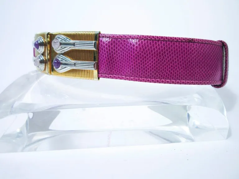 JUDITH LEIBER Magenta Lizard Skin Adjustable Belt with Metal Buckle