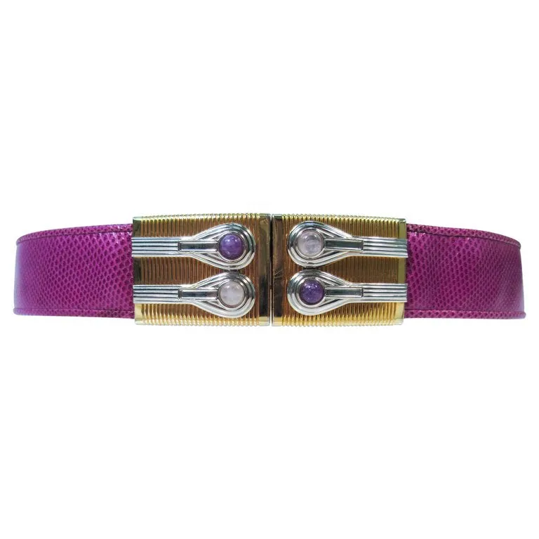 JUDITH LEIBER Magenta Lizard Skin Adjustable Belt with Metal Buckle