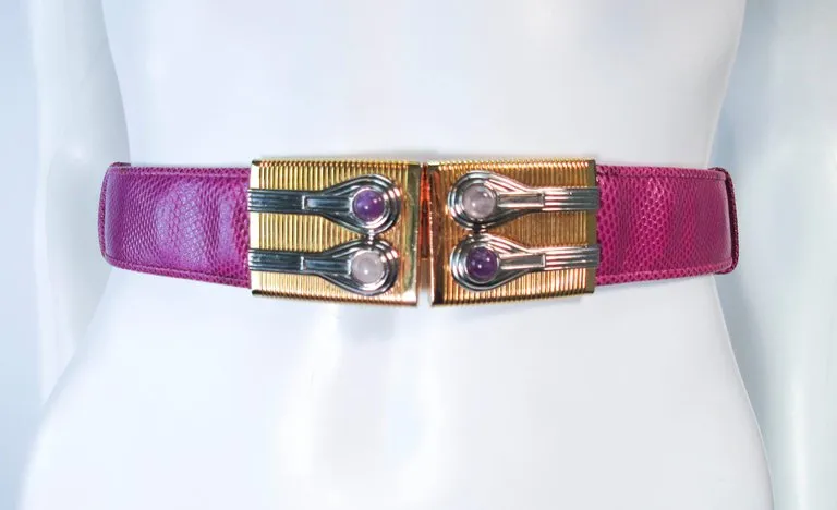 JUDITH LEIBER Magenta Lizard Skin Adjustable Belt with Metal Buckle