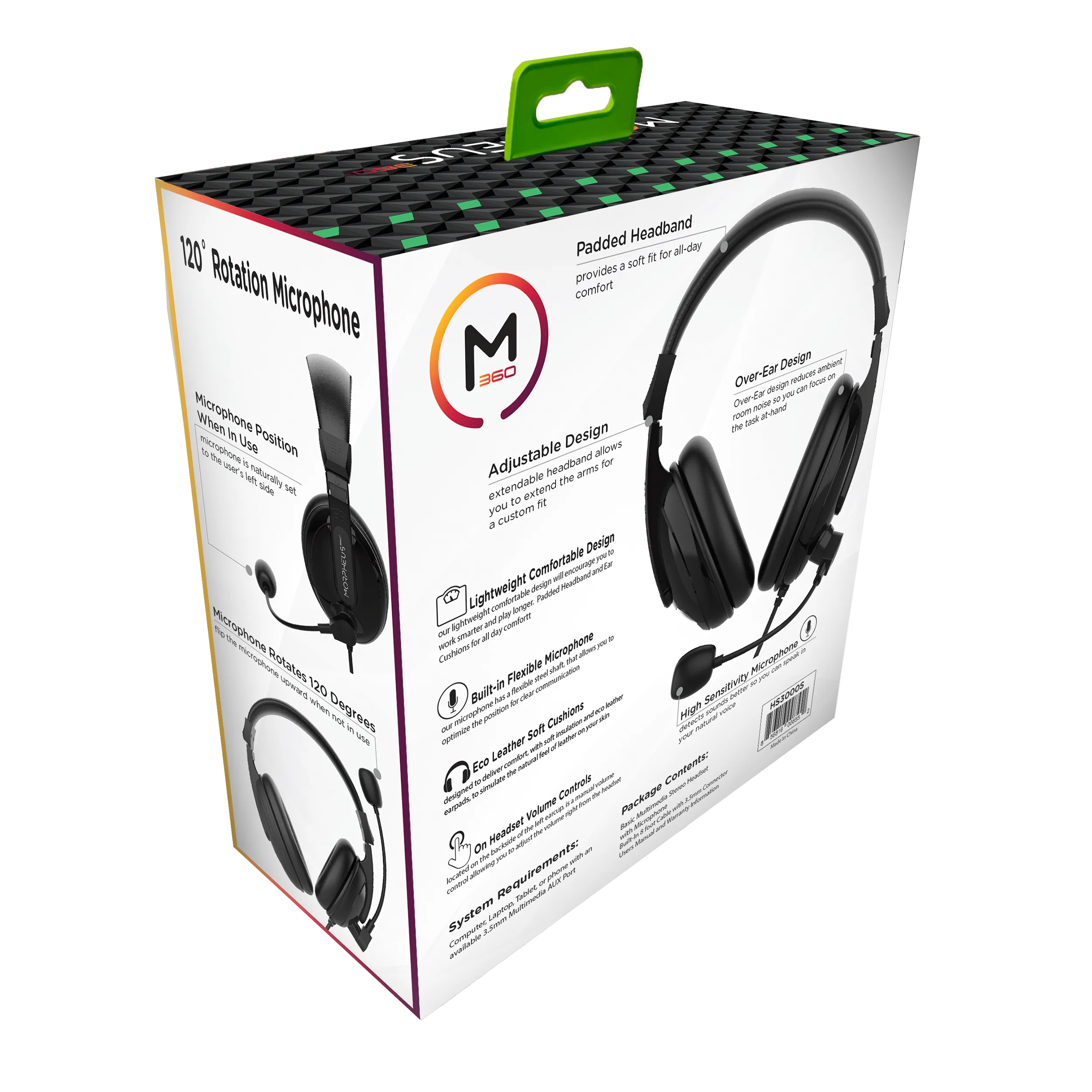 m360 Basic Multimedia Stereo Headset - Adjustable Microphone - Lightweight Comfortable Design - Soft Eco Leather Ear Cushions - Over Ear - Black - HS3000S