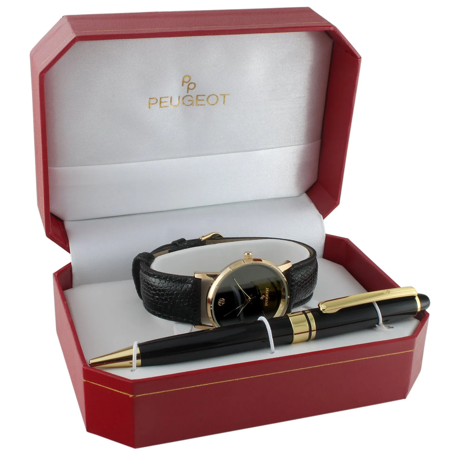 Men Black Leather Dress Watch & Pen Gits Set