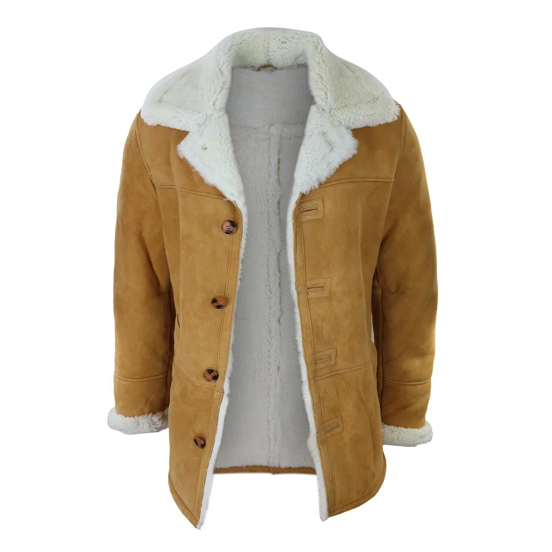 Mens 3/4 Genuine Sheepskin Coat Classic Tan Brown Camel Jacket Cream Fur