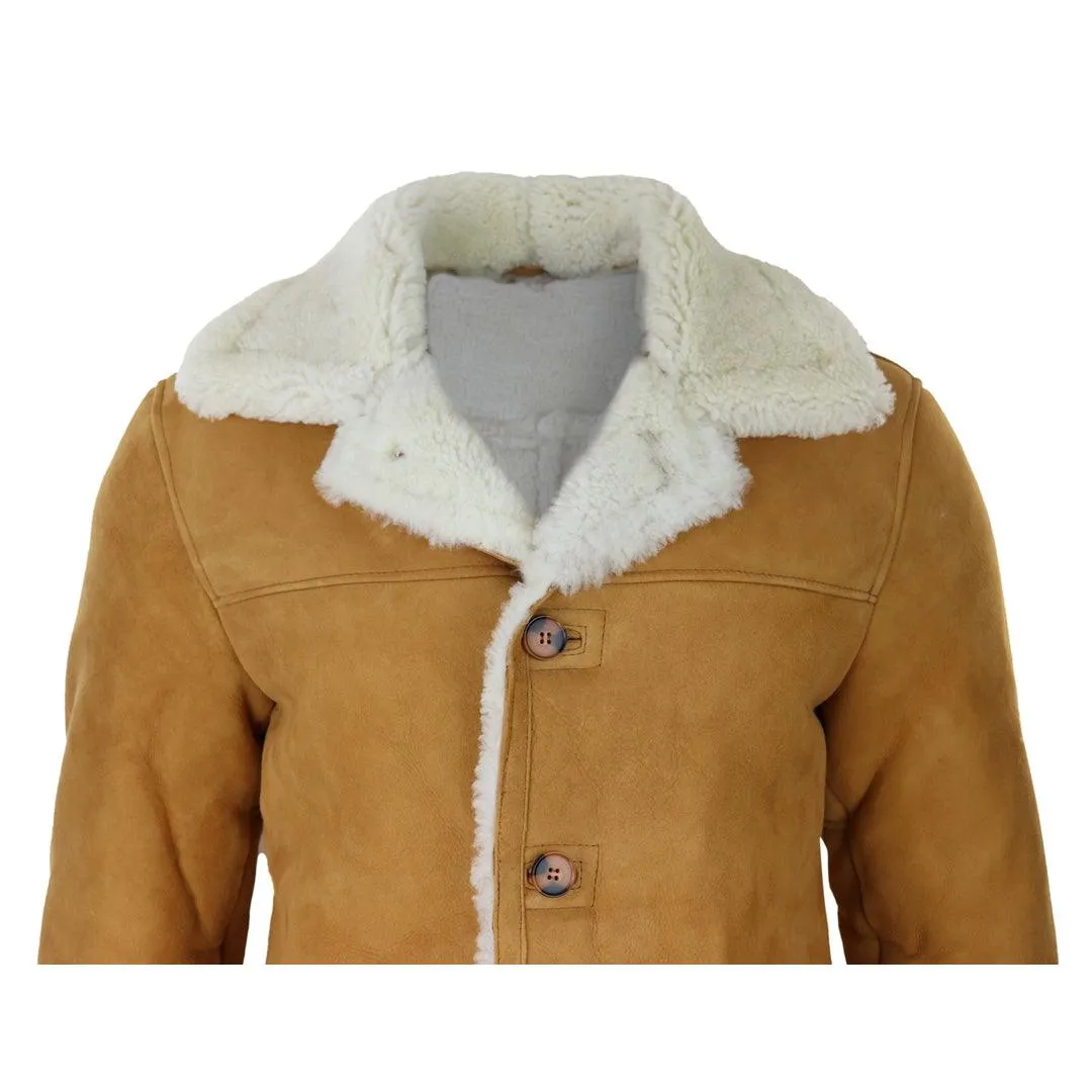 Mens 3/4 Genuine Sheepskin Coat Classic Tan Brown Camel Jacket Cream Fur