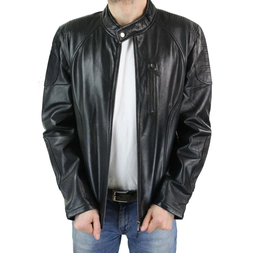 Mens Biker Style Real Leather Blue Black Zipped Jacket Smart Casual Retro Vintage