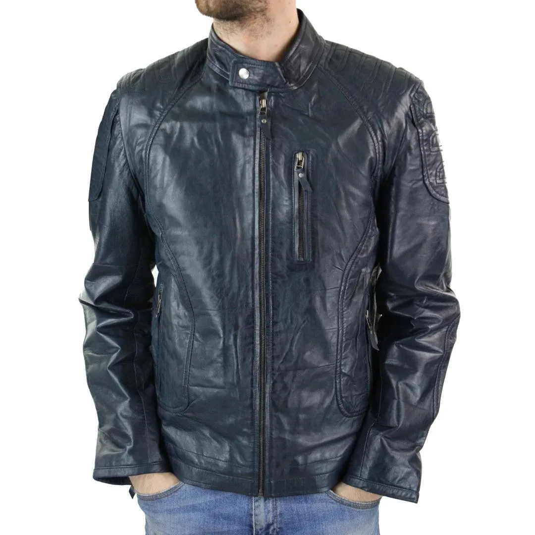 Mens Biker Style Real Leather Blue Black Zipped Jacket Smart Casual Retro Vintage