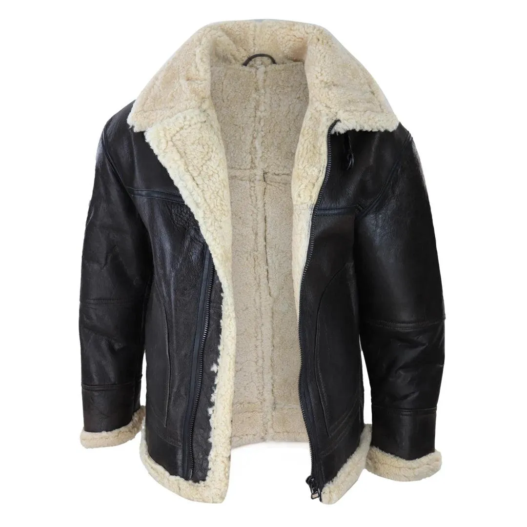 Mens Brown Real Sheepskin Flying Jacket Zipped Cream Fur Classic WW2 Pilot Military