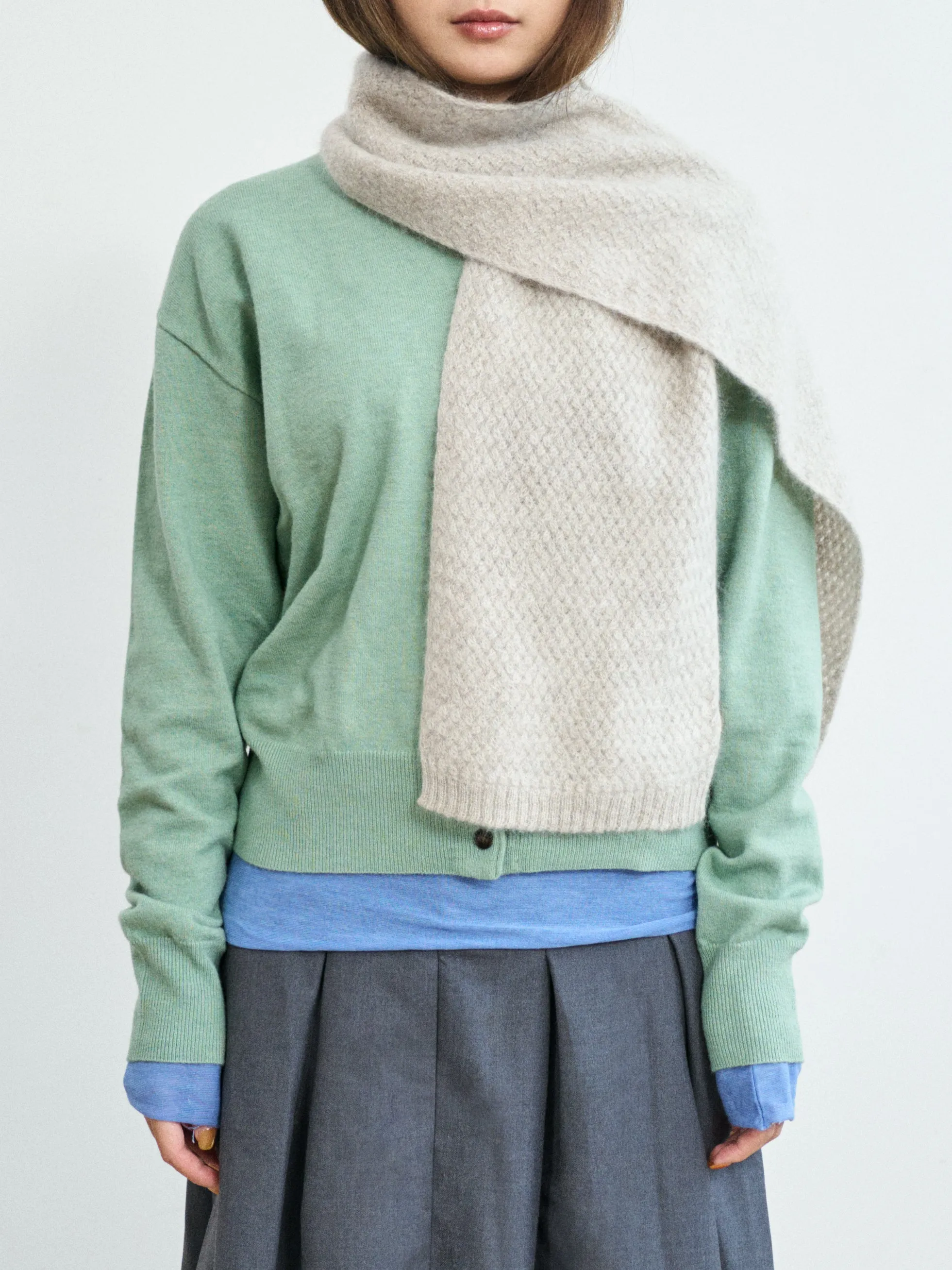 "Warmth Whisper" Waffle Knit Cashmere Scarf - Light Grey