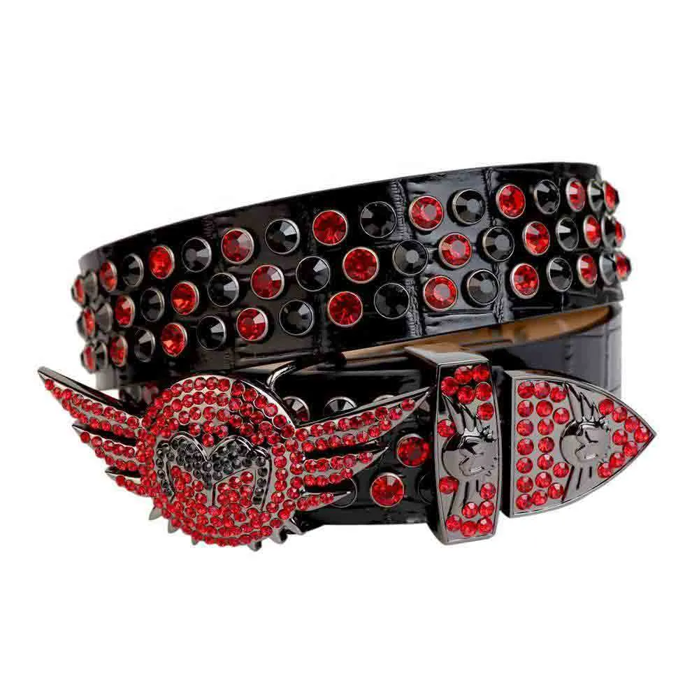 Rhinestone Black & Red Angel Wings Buckle Belt with Black Strap