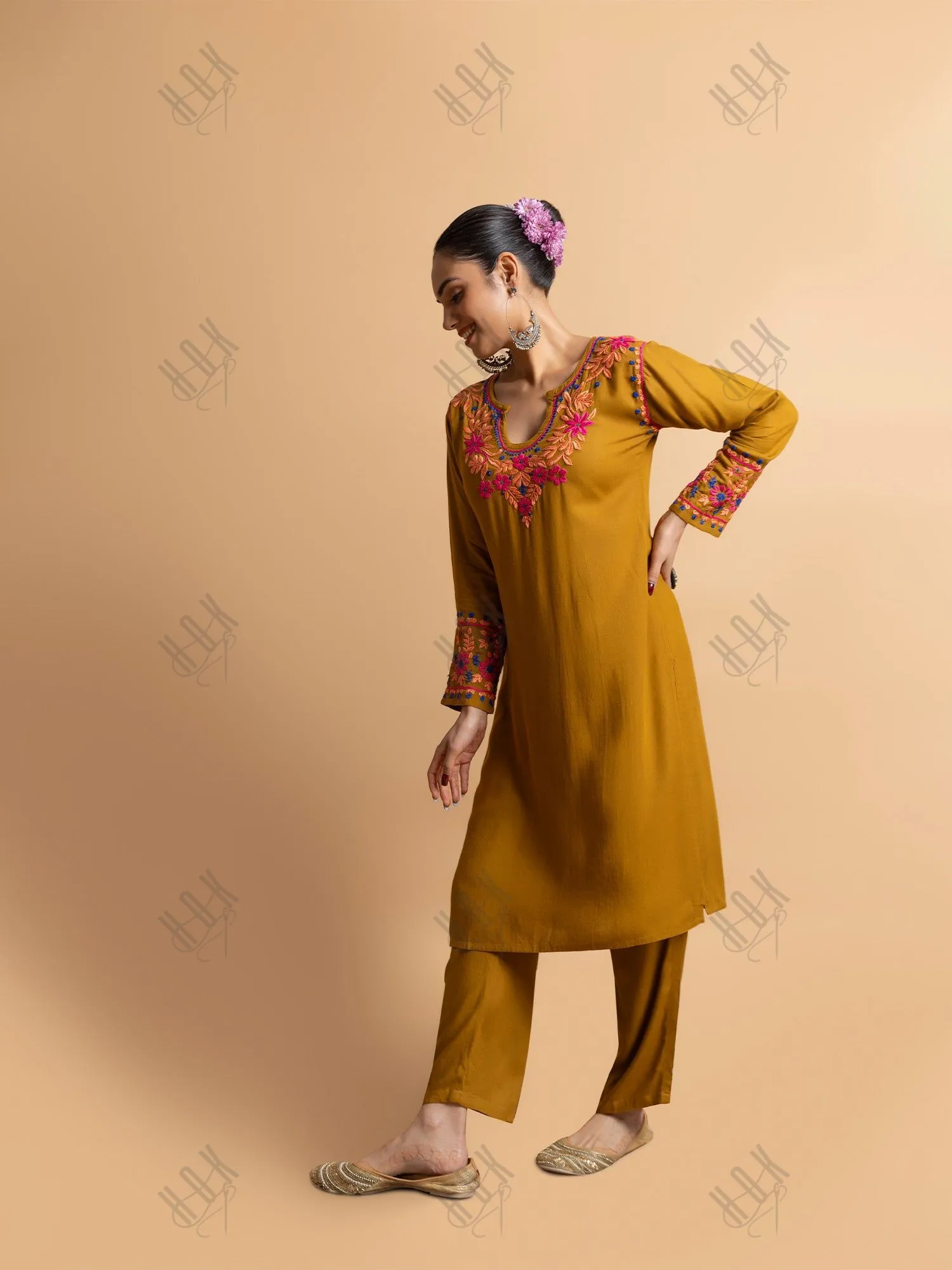 Saba Chikankari Cotton Silk Kurta Set for Women - Mustard