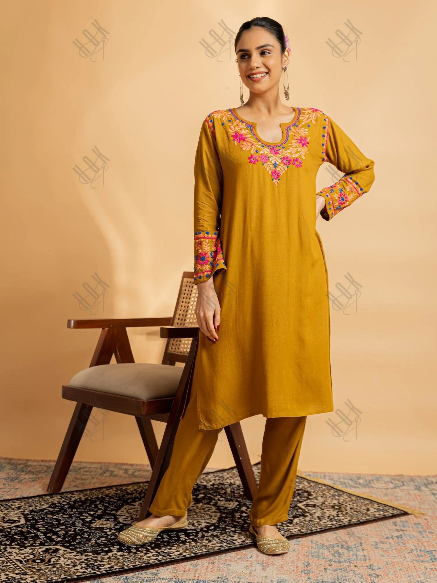 Saba Chikankari Cotton Silk Kurta Set for Women - Mustard