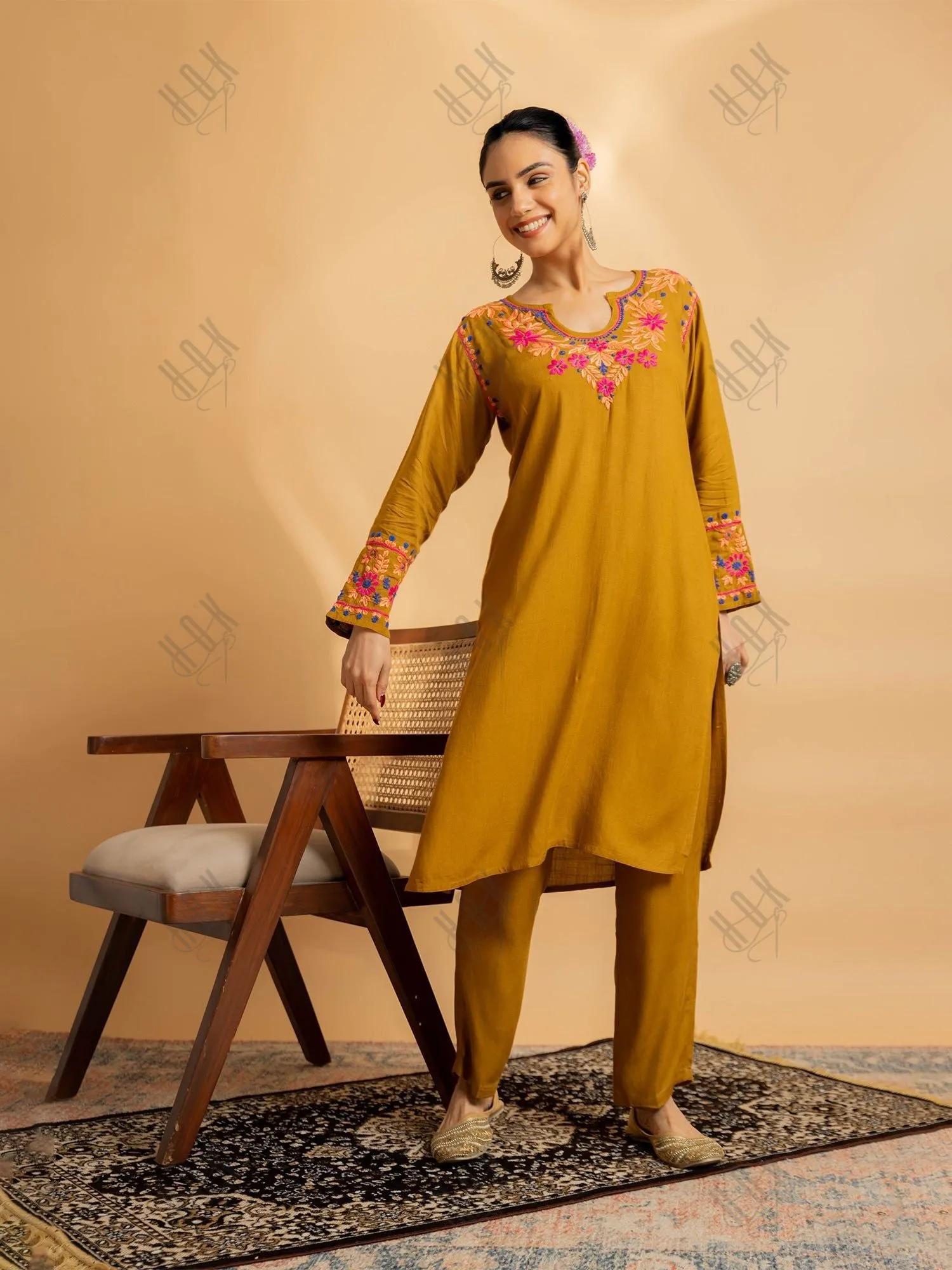 Saba Chikankari Cotton Silk Kurta Set for Women - Mustard